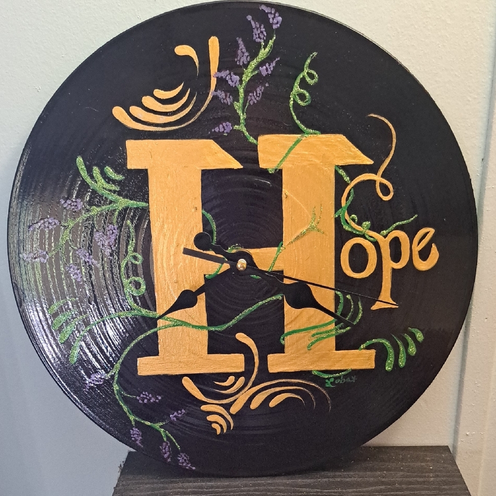 Hand Crafted Painted Decorative Wall Clock Hope Vinyl Record Upcycle Floral